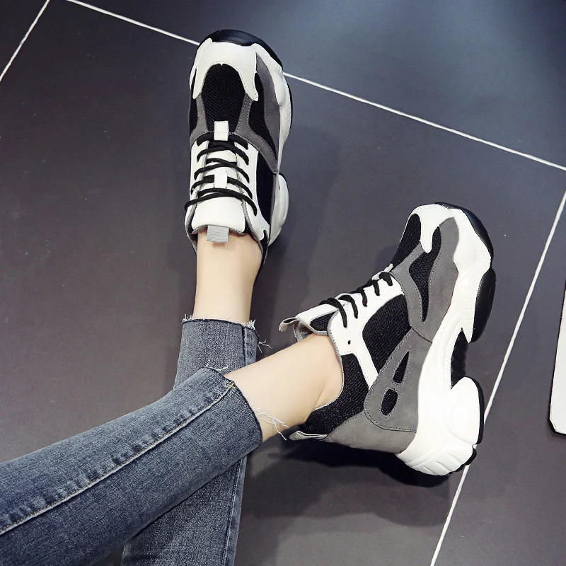 Autumn Women Super High Heel Sneakers Comfortable Round Head Vulcanized Shoes Woman Mesh Running Shoes Ladies Casual Shoes