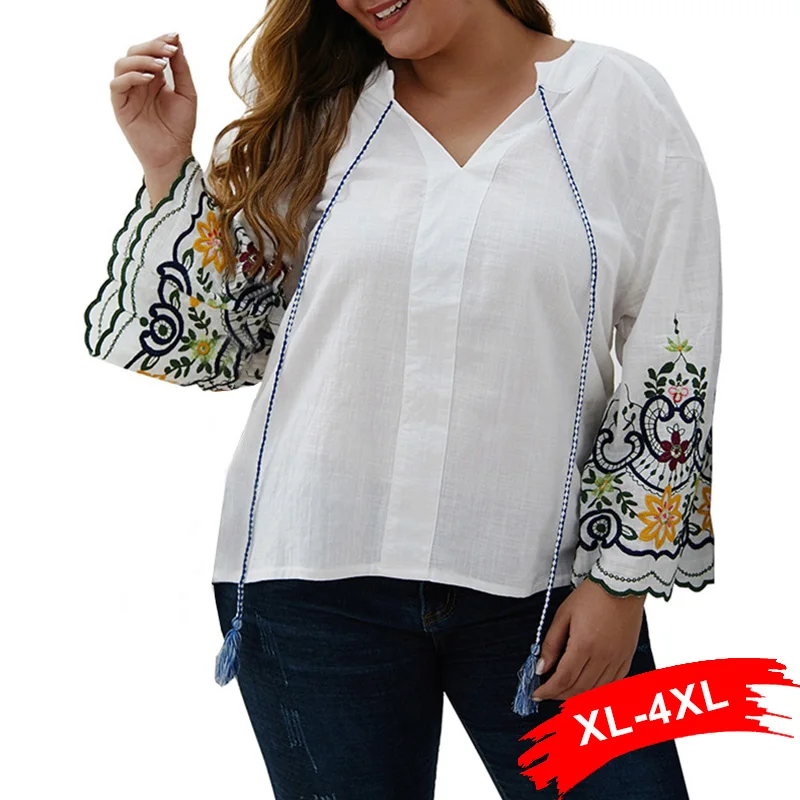 

Plus Size Floral Embroidery Flare Long Sleeve Tassel V Neck White Blouse 4Xl Elegant Women Boho Loose Shirts Chi Tops Blusa