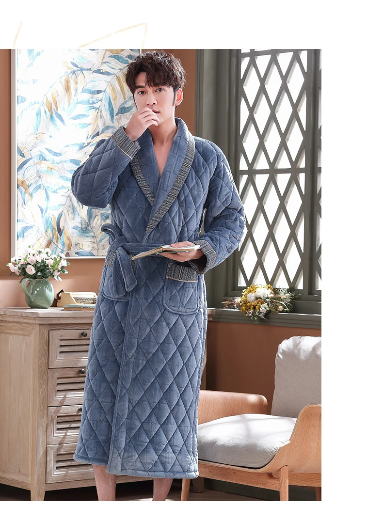 Men Robe Winter Thick Home Wear Long Night Dressing Gown 3 Layer Padded Keep Warm House Coat Luxury Men Bath Robes Velvet Kimono