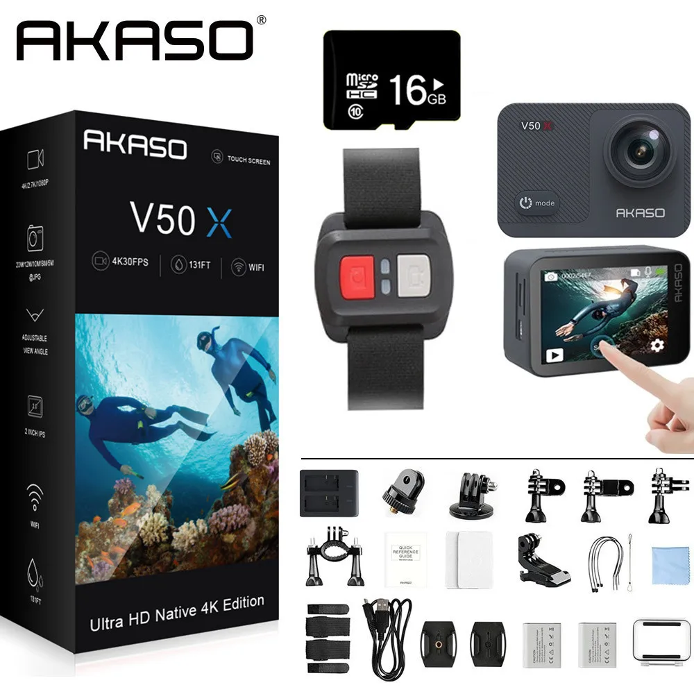 AKASO V50X нативная Экшн-камера 4K30fps WiFi с сенсорным экраном EIS 4X Zoom 131 футов водонепроницаемая камера с дистанционным управлением для спорта - Цвет: with 16gb sd card