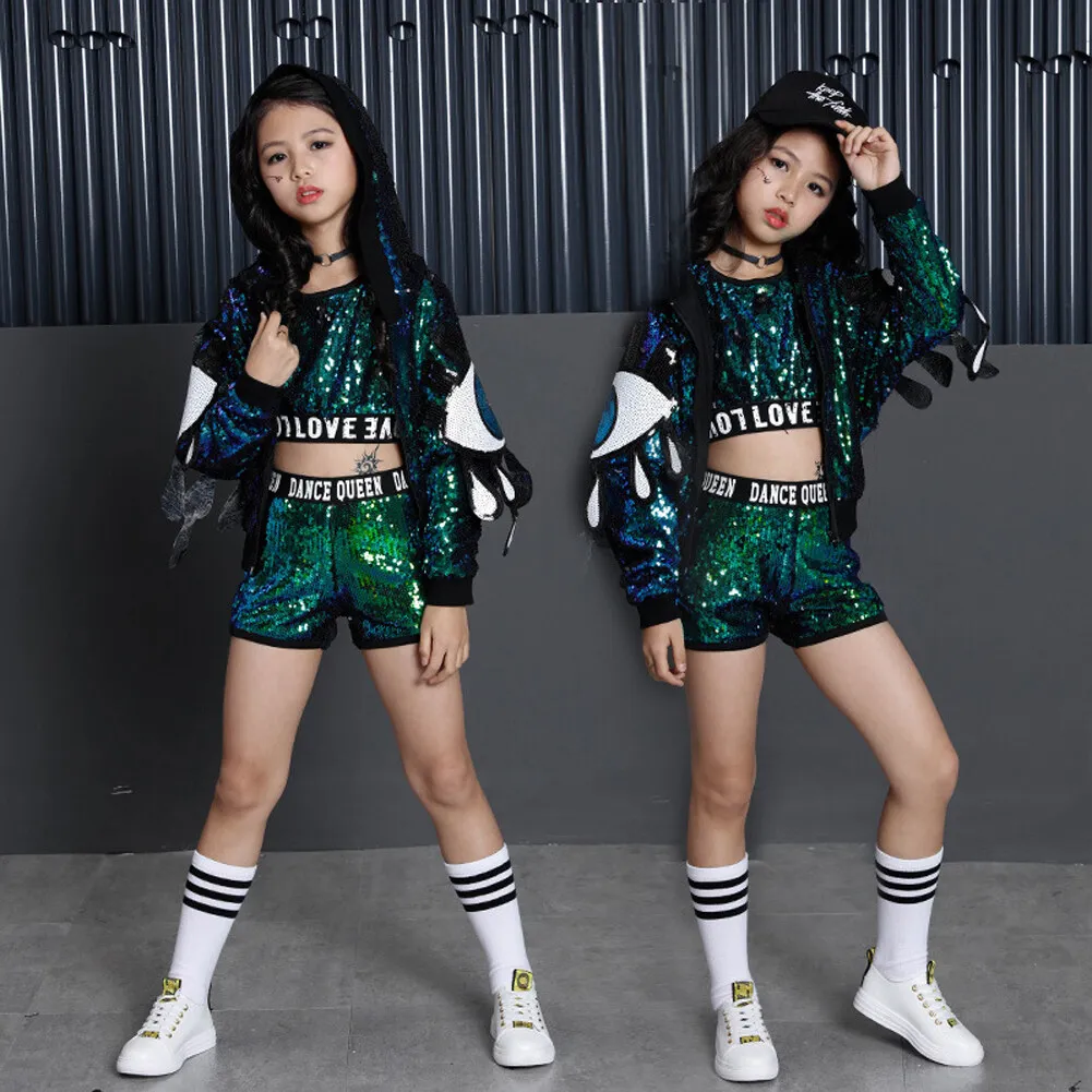 Lolanta 2Pcs/4Pcs Girls Jazz Street Dance Modern Dance Costumes Sequnines Hip Hop Stage Performance Wear 4-16 Years