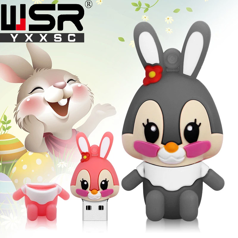 Флеш-накопитель usb 2,0 с милым розовым кроликом из мультфильма, 32 ГБ, 64 ГБ, 128 ГБ, реальная емкость, водонепроницаемый, серый, милый кролик, 4 ГБ, 8 ГБ, 16 ГБ, подарок