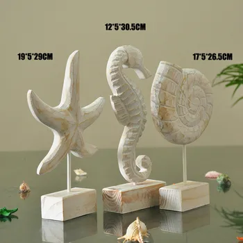 

Mediterranean Style Wood Crafts Home Decoration Accessories Wooden Crafts Starfish Conch Hippocampus Wood Carving Marine Decor