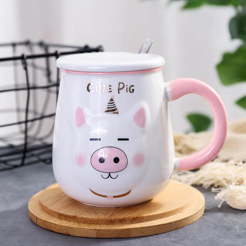 Скандинавский стиль мультфильм 3D тисненая свинья керамическая чашка Милая с крышкой с ложкой необычная кружка студенческие парные чашки лучшие подарки - Цвет: B