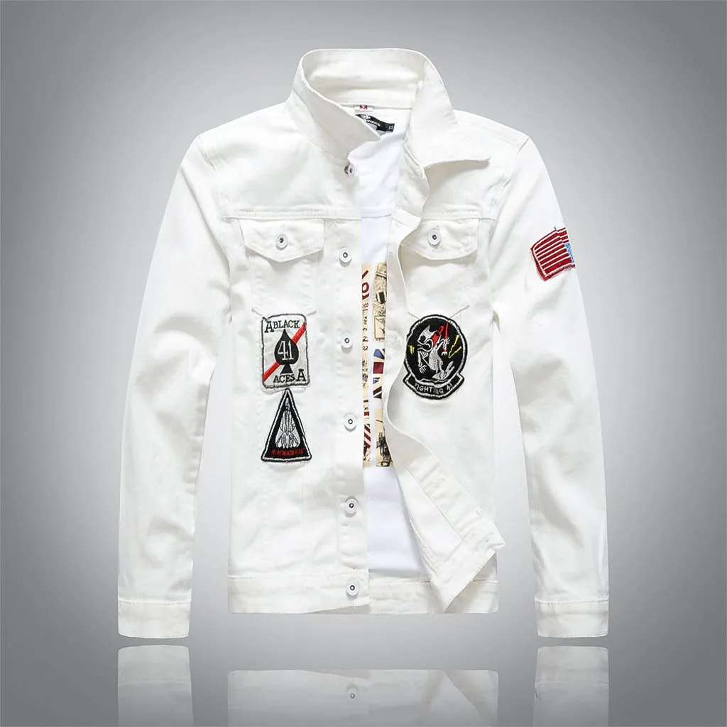 

Tide Fashion White Denim Jacket Men Autumn Winter Casual Long Sleeve Turn-down Collar Solid Coat Chaqueta Hombre