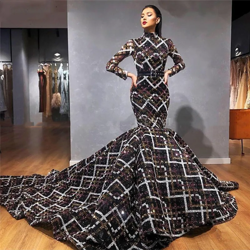 

Evening Dresses 2020 Mermaid For Women Sequin Long Sleeve Floor Length In Turkey Formal Prom Party Nigth Gown Plus Size Elegant