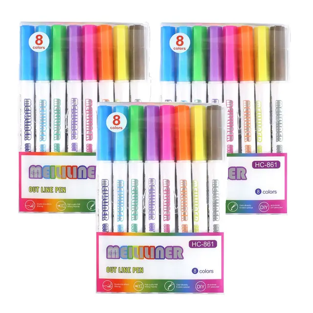 12 Color Double Line Outline Art Pen Marker Pen DIY Graffiti Outline Marker Pen Highlighter Scrapbook Bullet Diary Poster Card 3 sets 8 color B