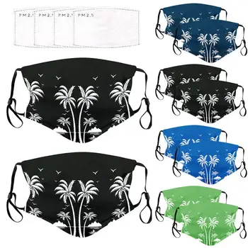 

2 PCs Windproof Dustproof Mask Fashion Coconut Tree Print Face Mask Reusable And Washable Mouth Mask With 4PCs Gasket Filter A