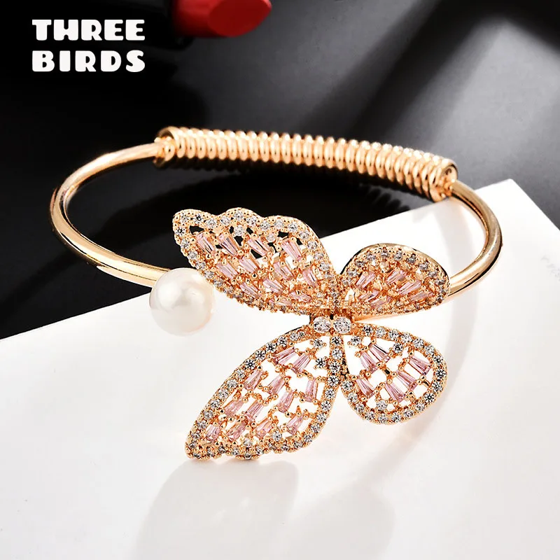 

Tiny Trendy Cubic Zirconia Big Pink Butterfly Adjustable Bracelets Gold Color Female Open Bangle Bracelet For Women Jewelry S-L0