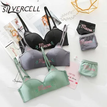 

New Fashion Women Bra Set Cat Ears Half Cup Bra Set Wire Free Gathered Underwear Girl Letter Printed Lingerie Set