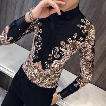 

High Quality Men's Printed Shirt Long Sleeve 2020 Autumn Baroque Slim Shirt Luxury Men's Social Club Clothing Tuxedo Shirt Men