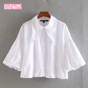 

White Lapel Single Breasted Harajuku Sweet Simple Fresh Long Sleeves Female Shirt Summer Guard Chic Women's Tops