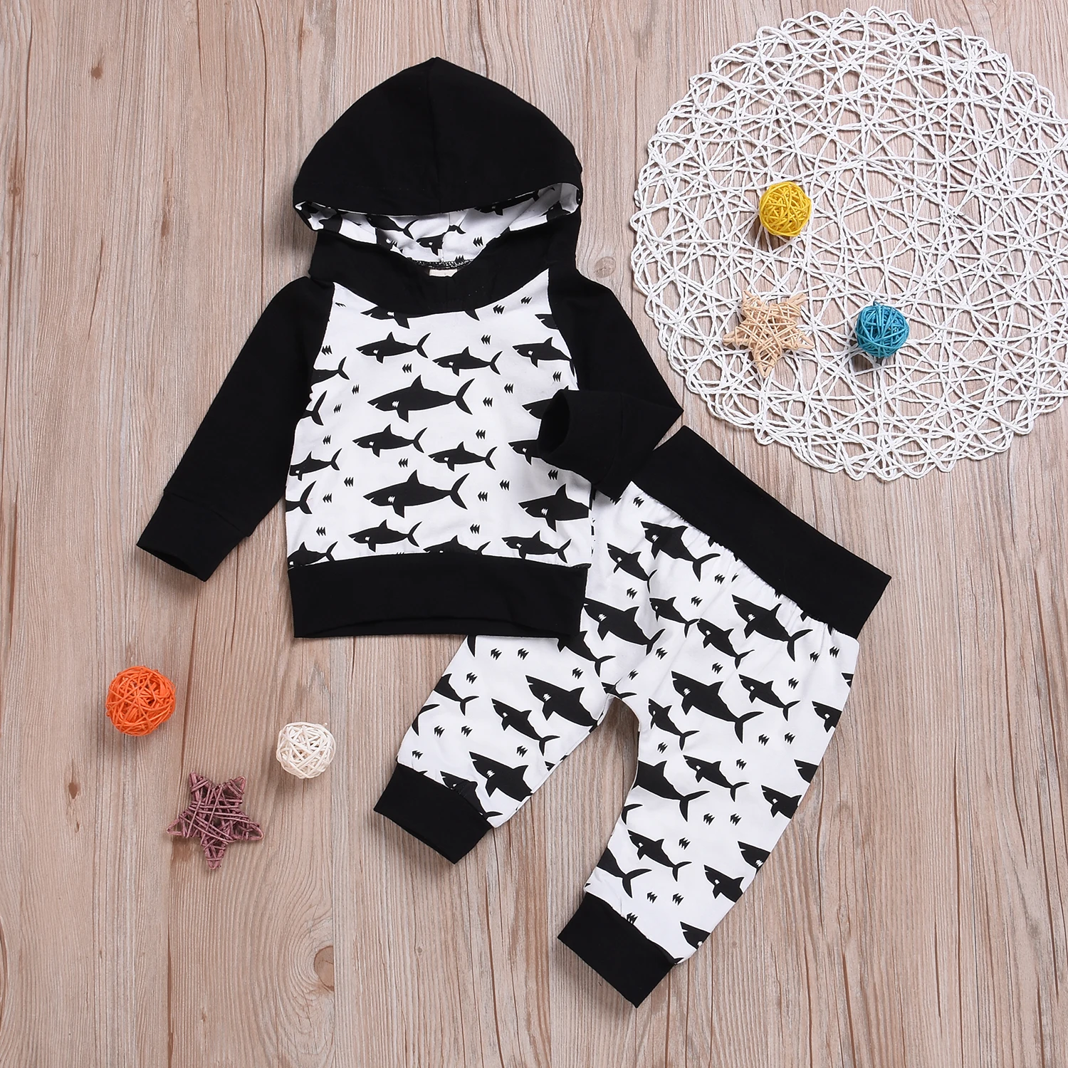 Emmababy Милая Одежда для новорожденных мальчиков с изображением рыбки и животных пальто с капюшоном топы+ длинные штаны для детей 0-24 месяцев