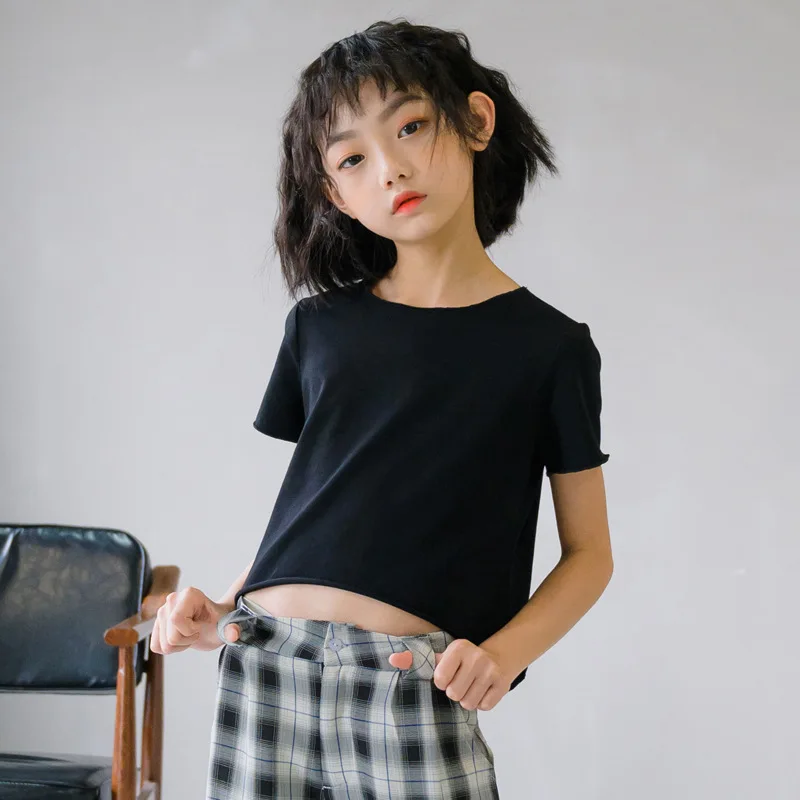 

2020 Korean Style Girls Tee Solid Color round Neck Short Sleeve Wooden Ear Short Long Back Simple Casual All-match Short T-shirt