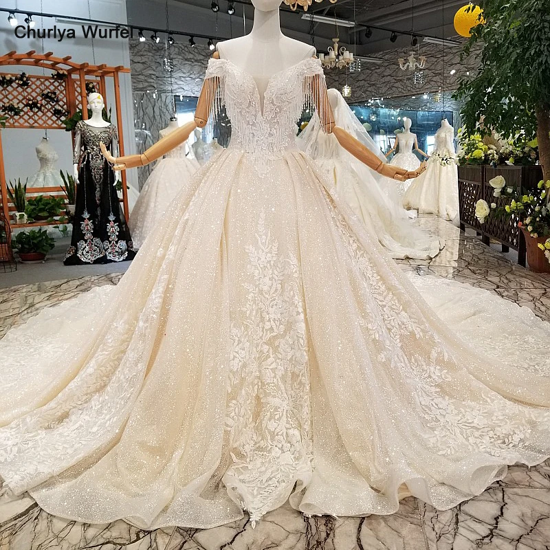 LS457897 легкий кремовый цвет Блестящий свадебное платье с блестками с открытыми плечами Милая Подгонянные Свадебные платья длинный Тюль