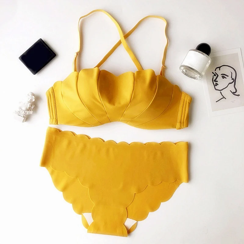 Yellow Комплект нижнего белья пуш-ап, Женский японский бюстгальтер, красивый однотонный комплект бюстгальтера и трусиков комфортное нижнее белье - Цвет: Yellow