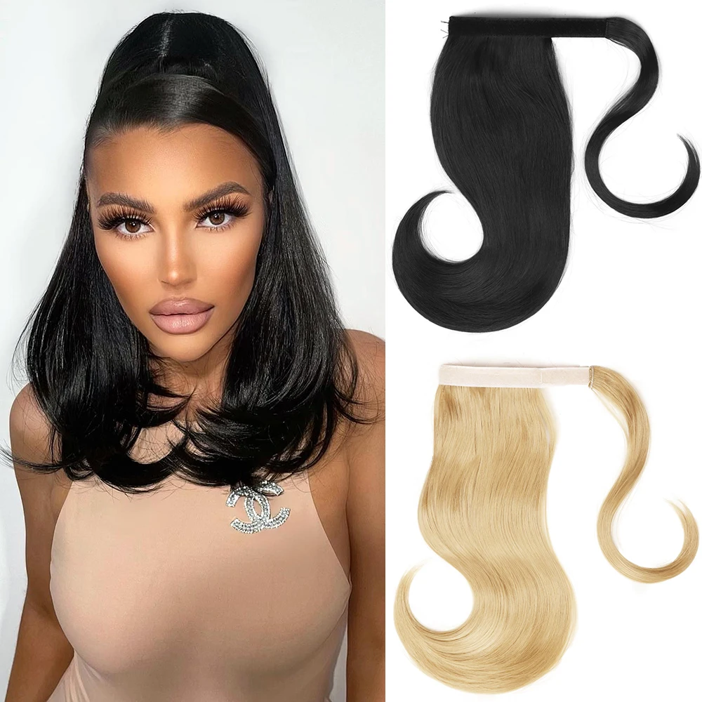 Synthetic Black Short Cute Elasticity Wraparound Ponytail Extensions Clip-in 18Inch Natural Wave Golden Pony Heat Resistant Hair