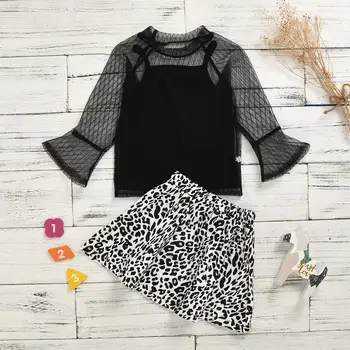 

New Arrival Baby Girls Spring Black top + Vest + Leopard dress 3PC Clothes set Children fashion outfits