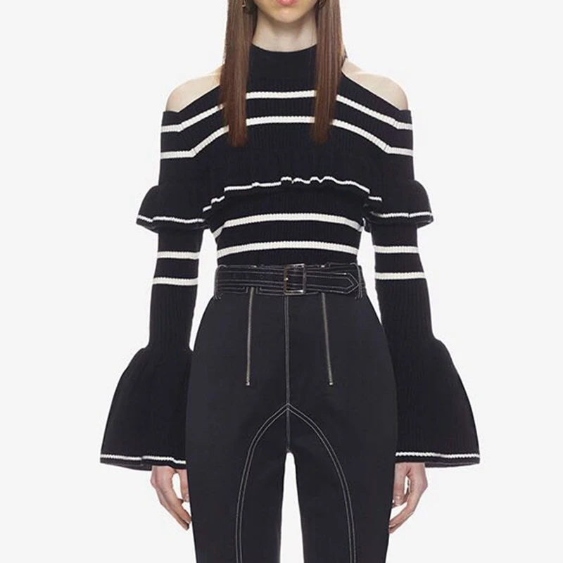 

2019 Fall Woman Long Sleeve Knitted Sweaters Ruffle Pullovers Tops