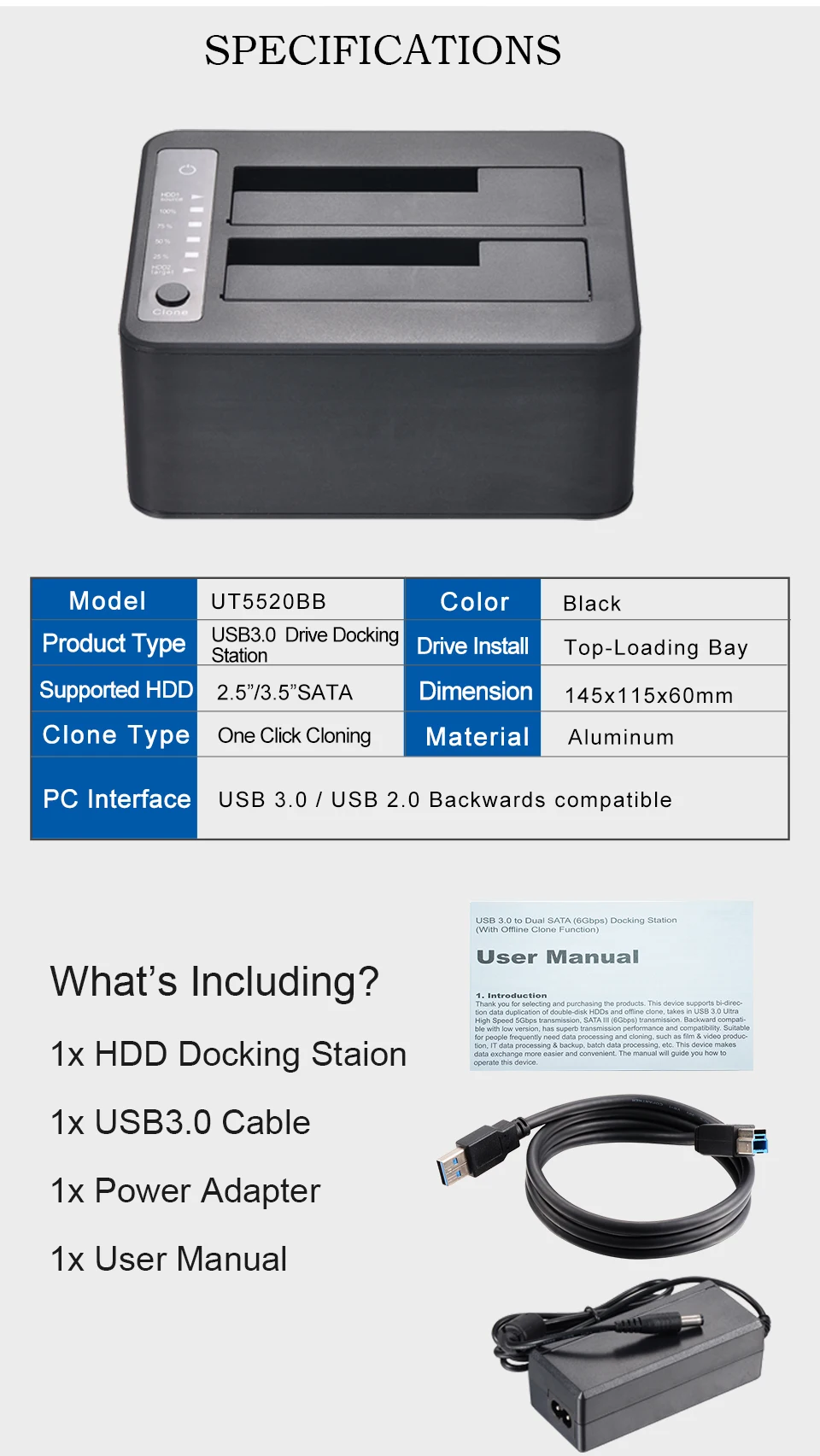 Uniatop UT5520B USB 3,0-Dual SATA III(6 Гбит/с) клон док-станция HDD Копир Дубликатор с функцией офлайн клон