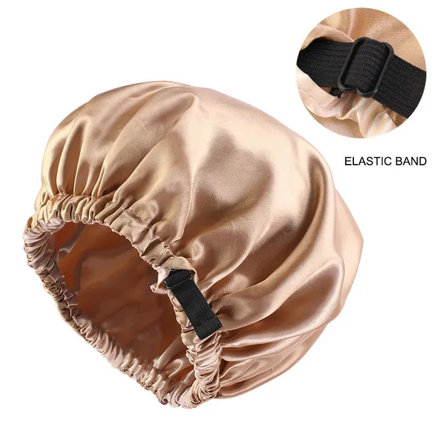 Wholesale Silky Satin Bonnet Hair Cap Double Layer Sleep Night Cap with Invisible Flat Adjusting Button Head Cover Bonnet Hat khaki