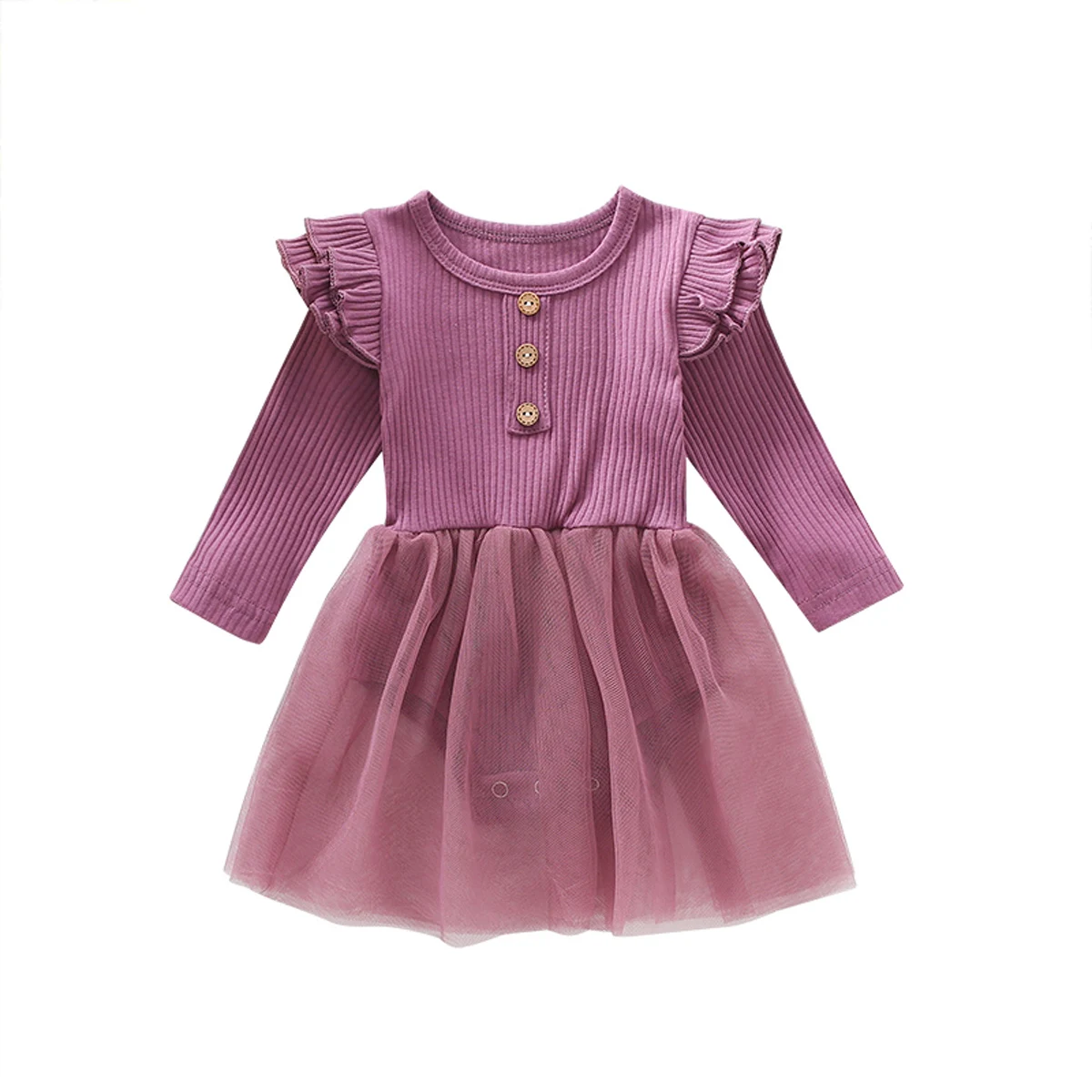 

Toddler Infant Baby Romper Dress Sweet Solid Color Mesh Stitching Long Sleeves Single Breasted Kintting Spring Autumn Clothes