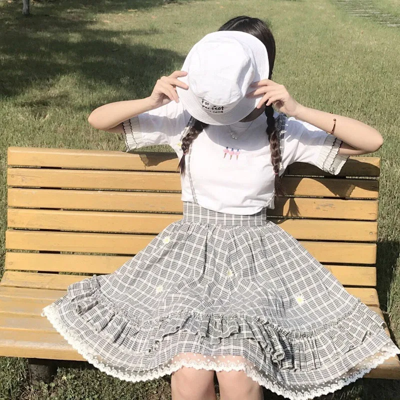 2020 New Japanese Summer Women Plaid High Waist Skirt With Strap Dress Cute Sweet Kawaii 2 Pcs Dress O Collar Plaid Daisy Dress