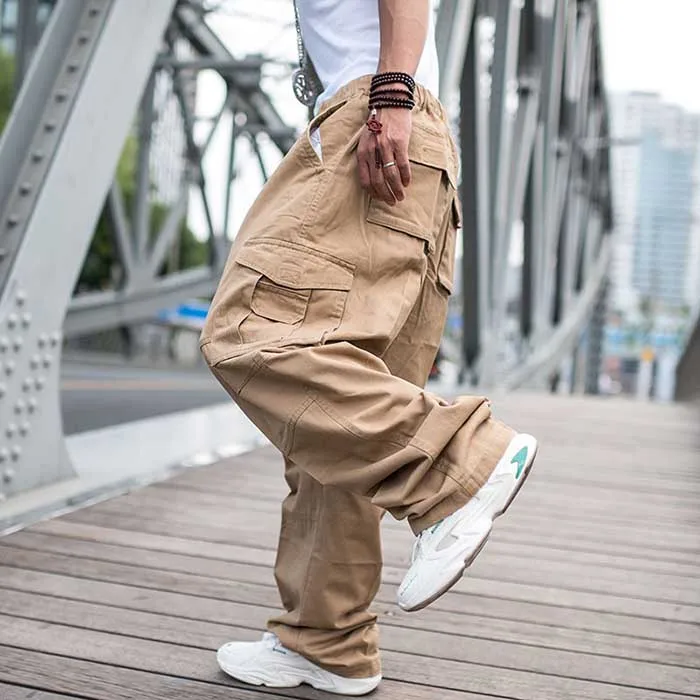 Trendy Loose Baggy Cargo Pants Men Casual Hiphop Harem Cotton Straight Trousers Wide Leg Plus Size Streetwear Clothing genie pants