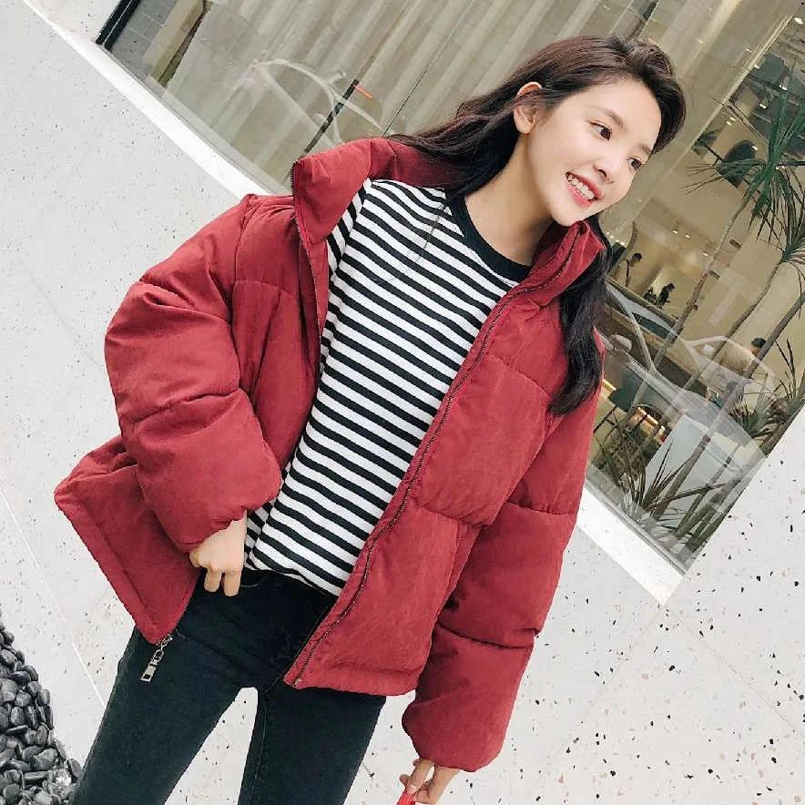 

2019chic Sweet Red Short Loose-Fit Students Short-height Cotton-padded Clothes Zipper Thick down Coat WOMEN'S Coat Fashion