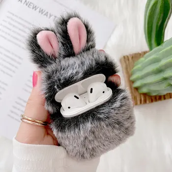 

Soft Rabbit Ear Fur Case for AirPods 1 2 Bluetooth Wireless Headset Fluffy Box with Carabiner Warm Plush Cover for Airpods Pro
