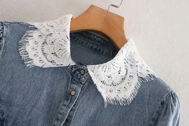 Английские высокие уличные кружевные сплайсинга оборки деним blusas mujer de moda кимоно блузка женские топы и блузки