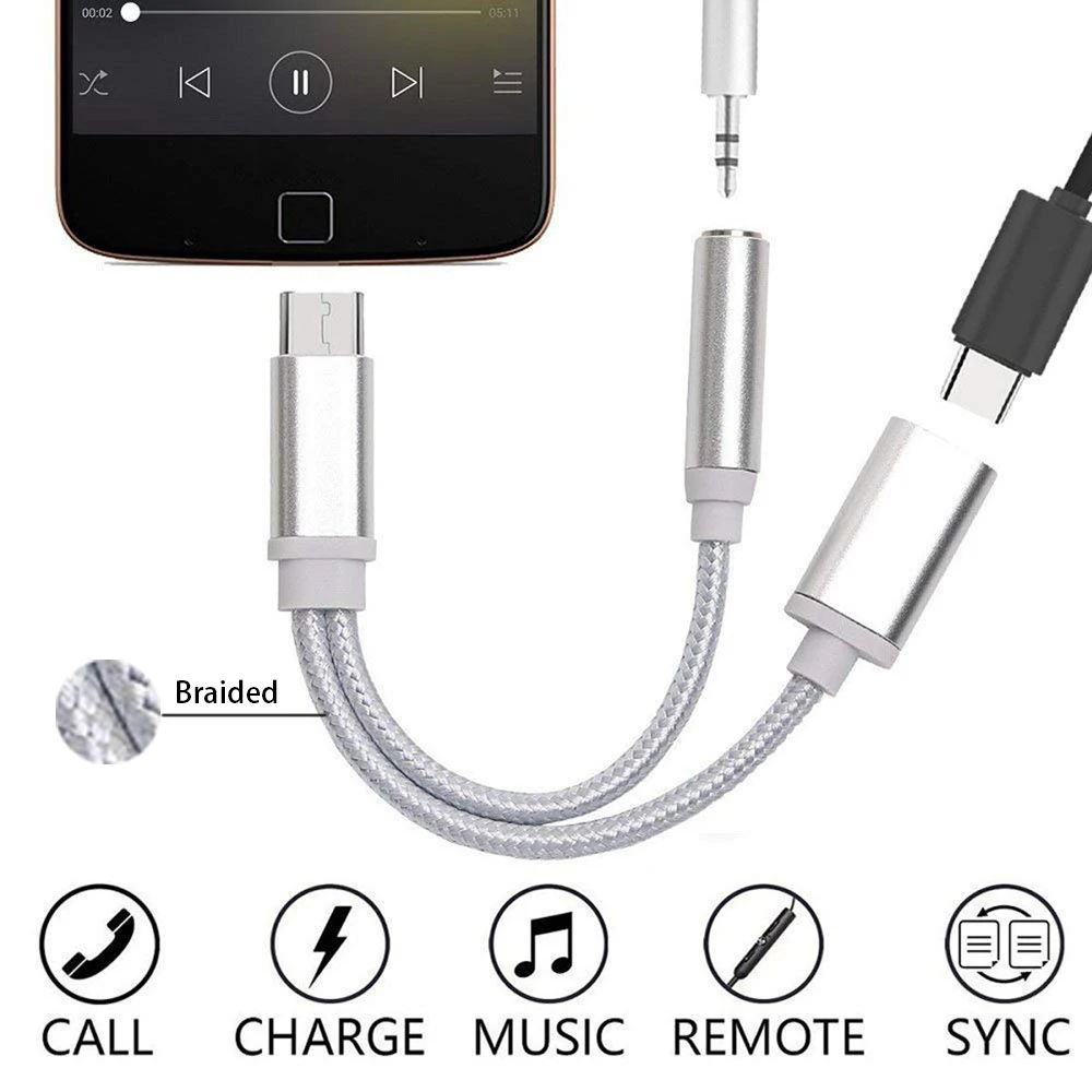 Плетеный 2 в 1 USB Type C зарядный кабель конвертер 3 5 мм аудио для наушников Xiaomi