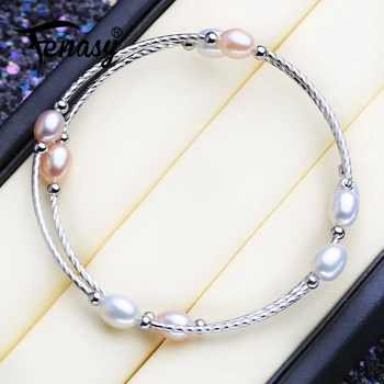 

FENASY White Pink Purple Multi Pearl Bracelet Fashion Tube Bracelet 6mm Rice Pearl Adjustable Bangle For Women Idea Gift