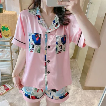 

Homewear Short Pajamas Two-piece Set 2020 Comic Summer Female Short Sleeve Simulation Silk Cardigan Suit Casual Pijamas Feminino