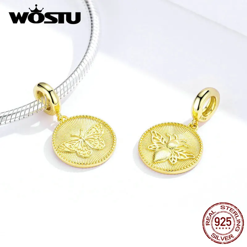 WOSTU, настоящее 925 пробы, серебряные подвески, Бабочка, пчела, круглые, монета, золотые бусины, подходят к оригинальному браслету, Подвеска для женщин, ювелирные изделия CTC104