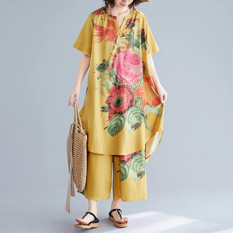 

Photo Shoot 2019 Summer New Style Elegant Casual Chiffon Printed One-piece Dress + Elastic Waist Loose Pants