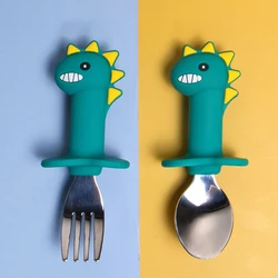 Baby Silicone Spoon Dinosaur Cartoon Short Handle Auxiliary Food Fork Spoon Children's Stainless Steel Fork Spoon Tableware Set