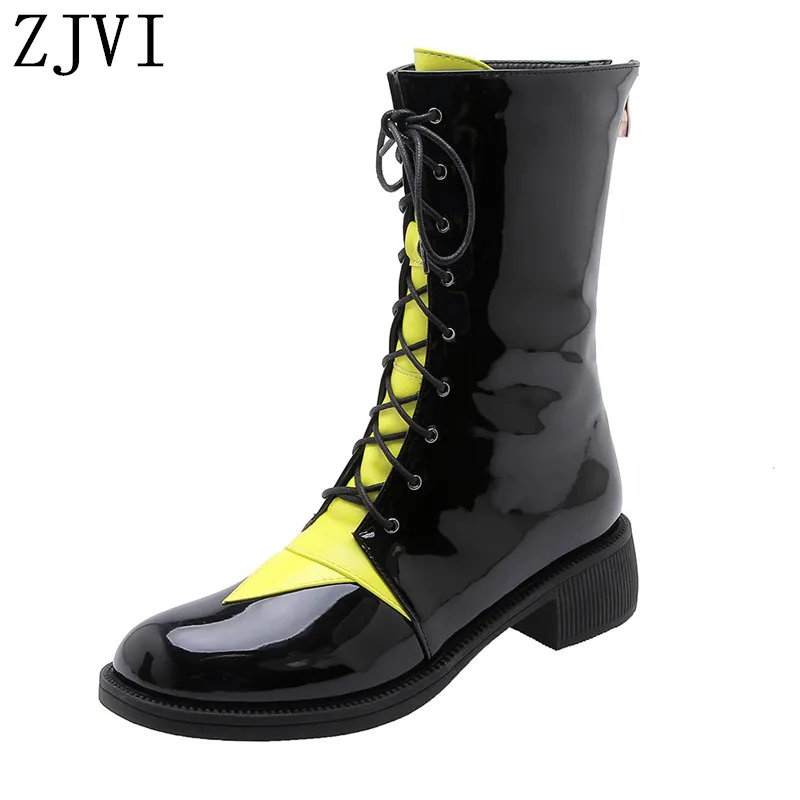 

ZJVI Women Patent Cross Tied Winter Mid Calf Snow Rainboots Square Heels Woman Ladies Boots Shoes For Girls Flats 2020 New