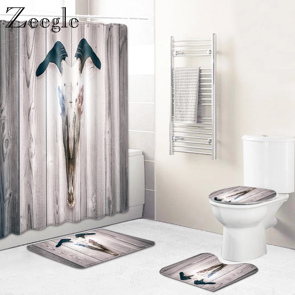 Zeegle Funny Toilet Pedestal Rug 4pcs Bath Mat Set Waterproof Curtain Toilet Seat Cover Anti Slip Bathroom Doormat Shower Mat