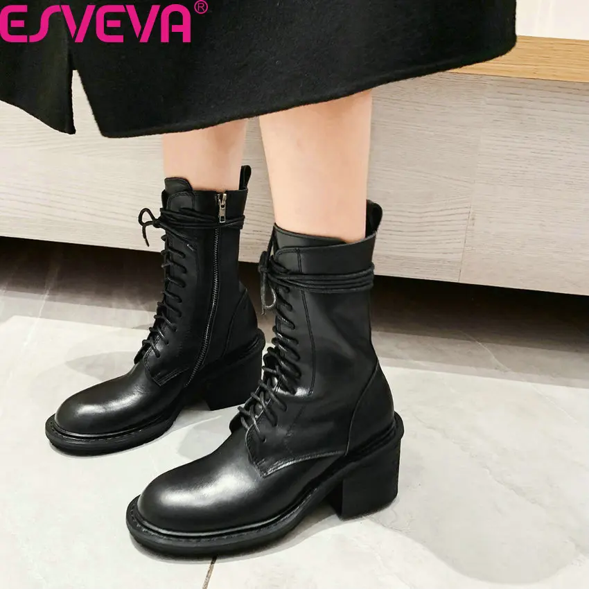 

ESVEVA 2020 Square Heel Round Toe Lace Up Zipper Women Shoes Quality Cow Leather Autumn Winter Casual Mid-Calf Boots Size 34-39