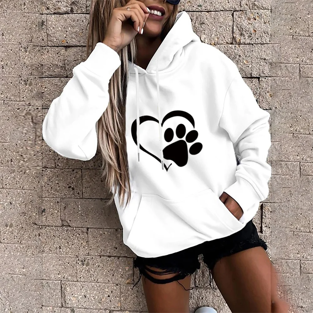 Women's Fashion Hoodie Loose Oversized Long Sleeve Sweatshirts Black Love Footprint Printed Clothing Ladies Harajuku Pullover fox racing hooded shirts & tops