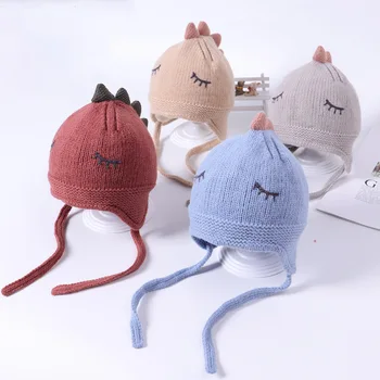 

Bay boy girl hat 2019 cartoon dinosaur autumn and winter new knit hat 6-24 month baby plaid striped warm wool hat kids beanies