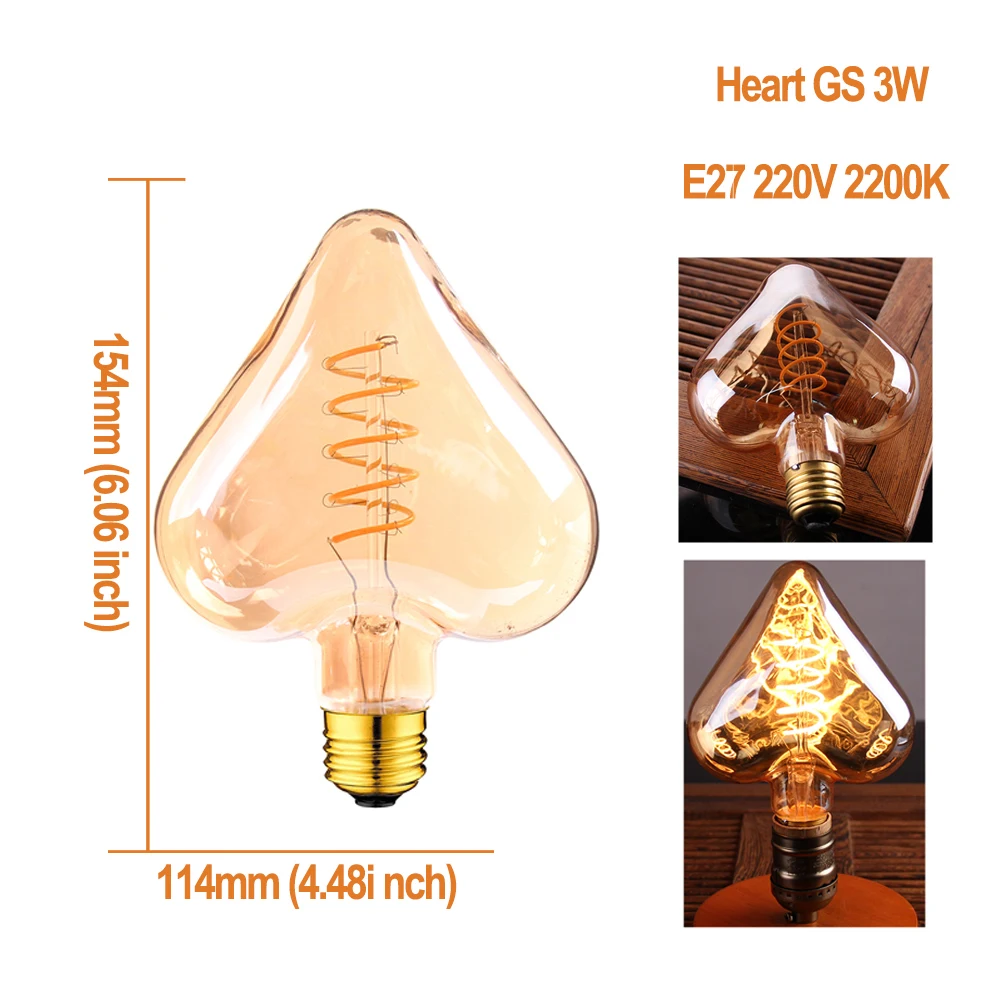 4 шт./лот E27 светодиодная лампа 220 V-240 V с регулируемой яркостью Светодиодная лампа накаливания 3 Вт ультра теплая 2200K золото Эдисон спиральные лампы ампулы Led E27 - Испускаемый цвет: Heart