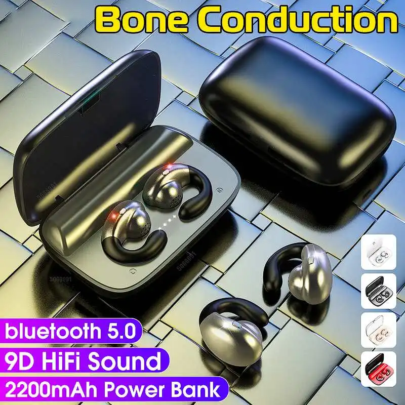 Костной проводимости bluetooth наушники 9D Hi-Fi с наушным креплением TWS Беспроводной спортивные музыкальные наушники с 2200 мАч зарядный чехол Мини Мощность банка