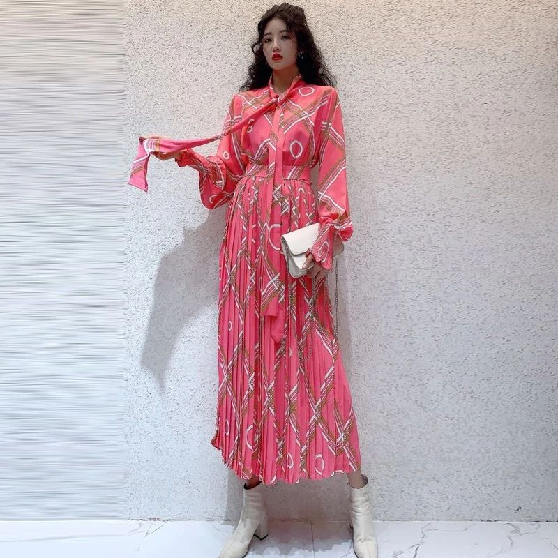 

Bohemia Belt Bow Long Sleeve Retro Slim Temperament Pleated Party Mid-Length Dress 2020 Spring Summer New High Quality