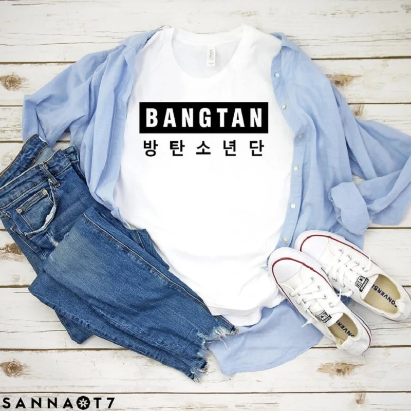 В стиле группы Bangtan Boys 방letter Letter Письмо печати Харадзюку Kpop корейский стиль Женская футболка мода короткий рукав хлопок женские летние топы - Цвет: white t black words