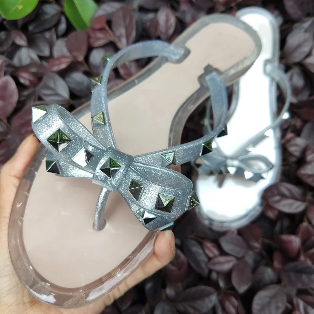 Summer Beach Sandals Woman Flip Flops PVC Slides Female Sandals Rivet Bowknot Slip on Flat with Women Studs Slippers Jelly Shoes