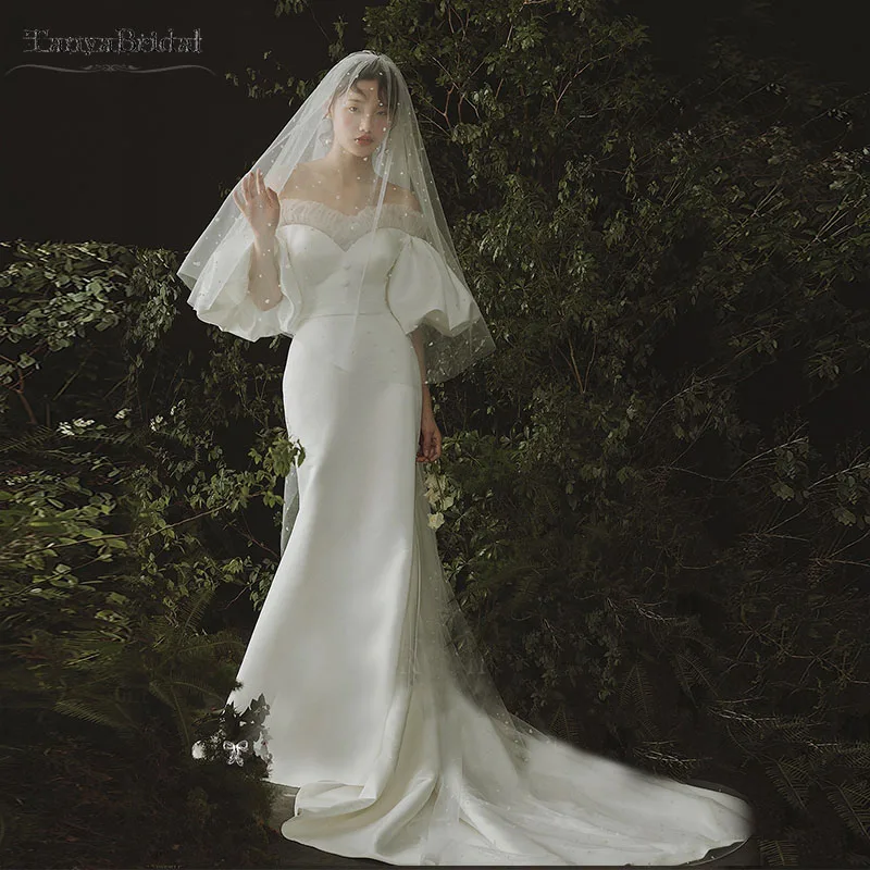 

Mermaid Soft satin Wedding Dresses Lantern sleeve Fashion Bridal gowns Simple Vestido de noivas DW268