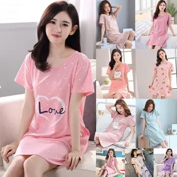 

Women Summer Short Sleeve Nightgown Cartoon Figures Cat Print Loose Nightdress R9JE