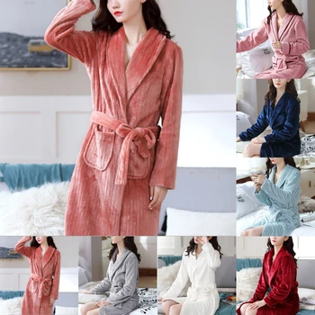 

Thick Warm Winter Bathrobe Women Soft Solid Kimono Bath Robe Girl Dressing Gown For Women Flannel Robes